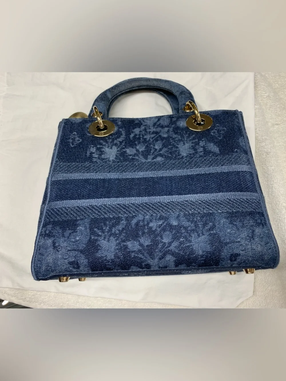 Christian Dior Lady D-Lite Floral Medium Blue Denim Bag